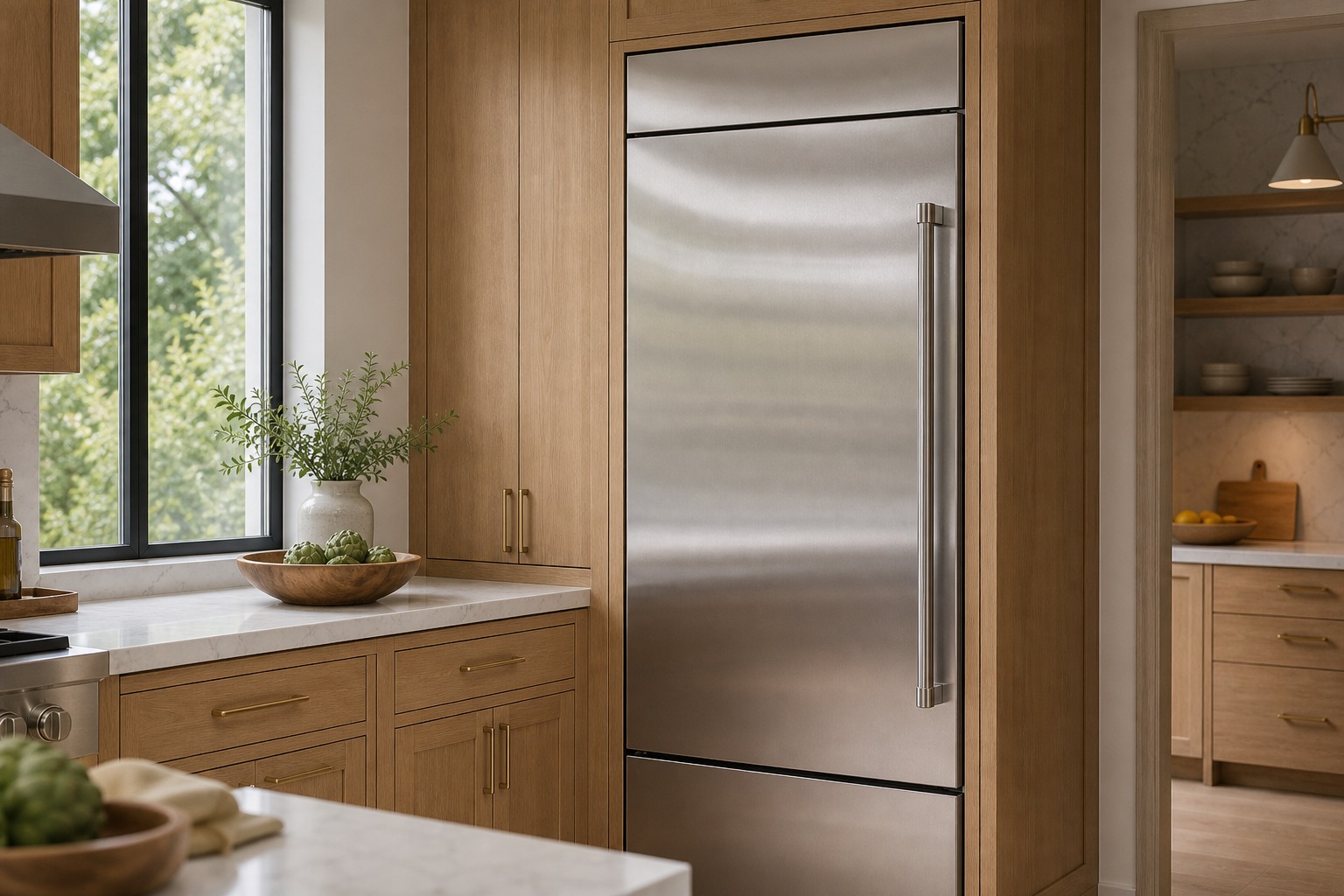 Viking built-in refrigerator column being serviced in an Orinda kitchen